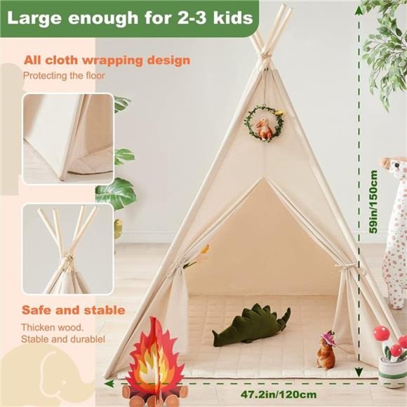 Kids-Teepee-Tent with Lights & Campfire Toy & Carry Case Cotton Canvas Toddler - Picture 3 of 7
